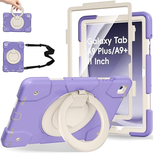 Andnary Case for Samsung Galaxy Tab A9+/A9 Plus Case 11 Inch with Screen Protector/360° Rotating Stand/Pen Holder/Shoulder Strap, Shockproof Cover for Tablet A9+ 5g (Purple)