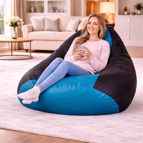 Image of RnS Rest 'n' Sleep Faux Leather Teardrop Bean Bag Filled with Beans | Bean Bag Sofa Chair for Adults & Kids | Home, Office & Restaurant | Capacity Up to 120kg 1 Year Warranty(Dark Grey /Turquoise,4XL)