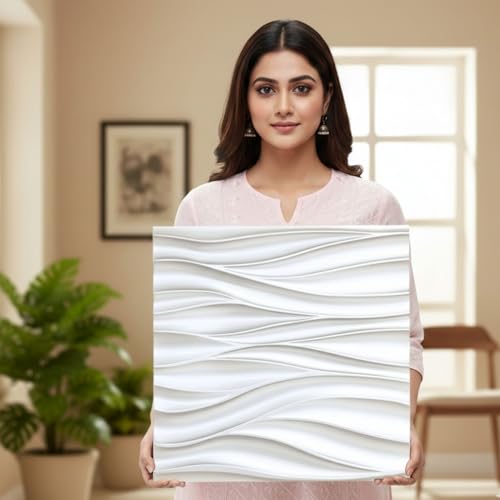 Image of Kayra Decor 3D PVC Wall Panels for Bedroom & Living Room | Wave Design | White Color | 19.7 x 19.7 Inch | Pack of 18 | 48.42 Sq Ft