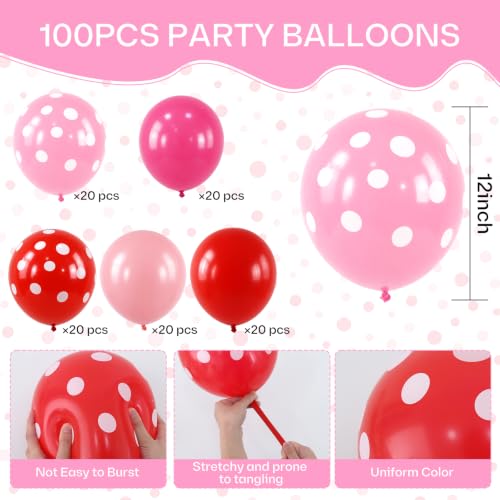 Image of TONIFUL 100 Pack Red Pink Polka Dot Latex Balloons - Sweet Berry Theme Balloon for Birthday Bridal Baby Shower Wedding Bachelorette Sweet 16 Party Decorations