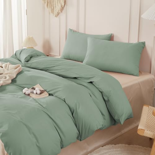 SAPHREAS Sage Green Duvet Cover Set 100% Washed Cotton King Size 3Pcs Modern Solid Bedding Soft Comforter Cover Set 1 Duvet Cover with Zipper 2 Pillow Shams, Comforter Not Included