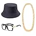80s/90s Hip Hop Costume Kit- Cotton Bucket Hat,Big Chunky Miami Cuban Chain Necklace,80's Gazelle Vintage Glasses (XL) Black
