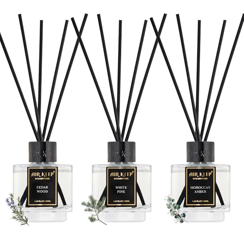 Airkeep Raumduft 50ml x3 Cedar Wood White Pine Amber Duftstäbchen Set mit 24 Stäbchen Langanhaltender Raumduft für Zuhause Lufterfrischer für Badezimmer Wohnung Heimdekoration