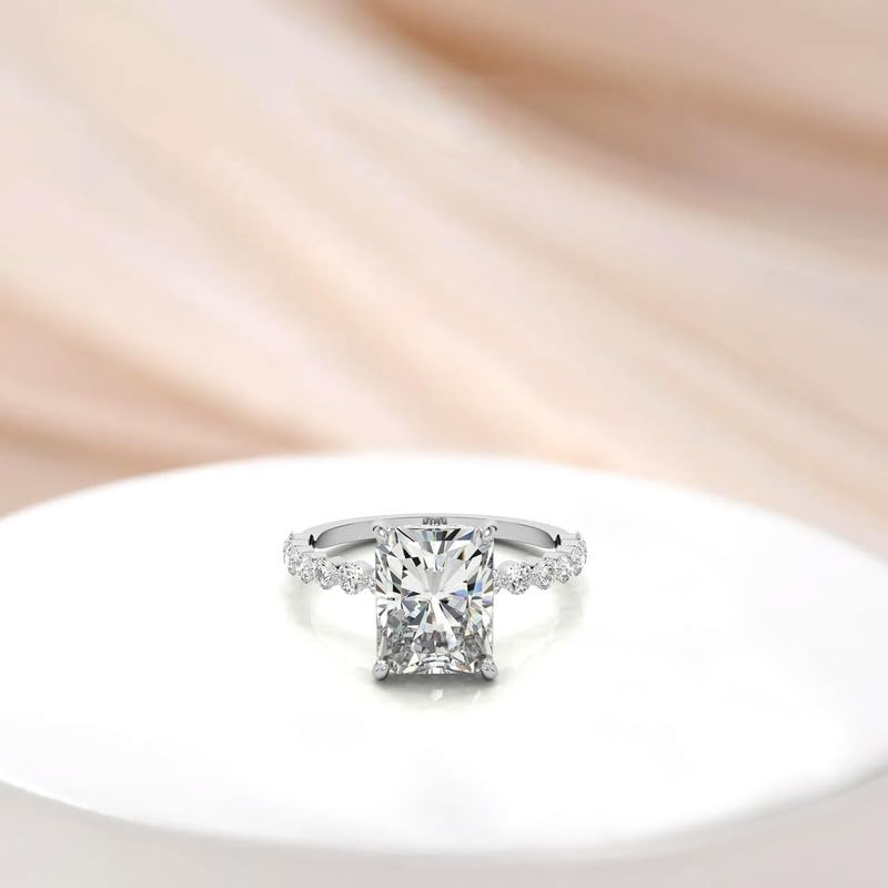 Radiant Cut Moissanite Solitaire Engagement Ring | 925 Sterling Silver White Gold Plated | Floating Pave Band Bridal Jewelry for Women2