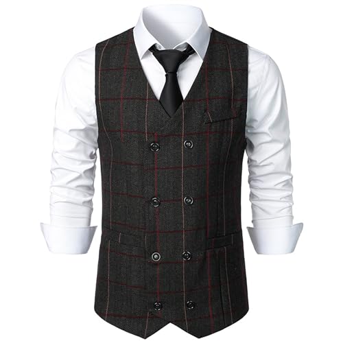 JEsilunmaMY Men's Double-Breasted Plaid Suit Vest Slim Fit Vintage Tweed Waistcoat Vest Business Formal Dress Tuxedo Vest2