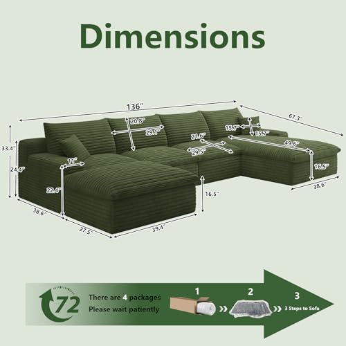 Image of 136 inch Cloud Couch Modular Sectional Sofa for Living Room, U-Shape Boneless Couch with Deep Seat, Modern Corduroy 4-Seater with Ottoman, No Assembly Required (Green,Right-Facing Chaise)