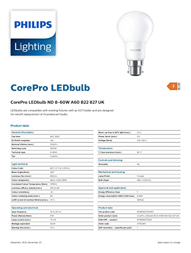 Philips Corepro LED 8 W (60 W) A60, B22 Bayonet Cap, Bulb, Warm White, Non Dimmable, Frosted - Image 6