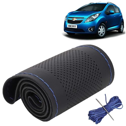 Image of KINGSWAY PU Leatherite Car Steering Cover Sewable Compatible with Chevrolet Beat (Year 2009-2017), Black Color with Blue Thread, Pack of 1 with Sewing Needle and Thread
