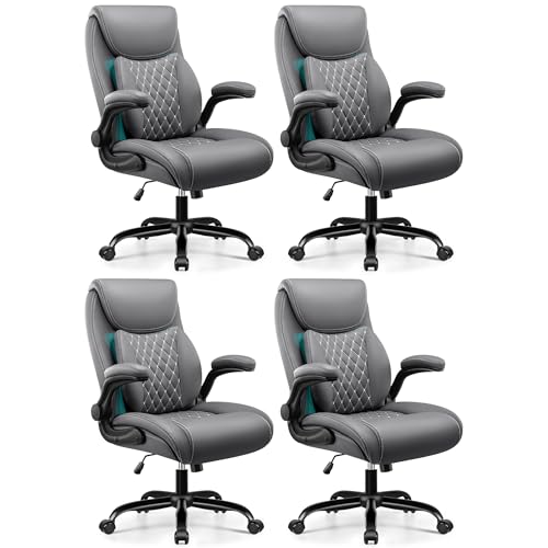 Image of BESTFAIR Office Desk Chair with Lumbar Support for Lower Back Pain | Executive Leather Home Chair Comfy with Padded Flip-up Armrests, Gray, 4-Pack