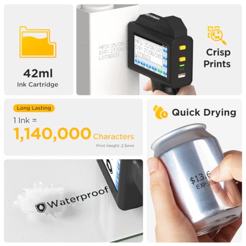 Image of Handheld Inkjet Printer 1.0 Inch Print Height Weighs Only 400g for Batch Code Date Lot Number Print on Plastic Carton Wood Metal Glass Aluminum with 42ml Fast Dry Ink (Black)