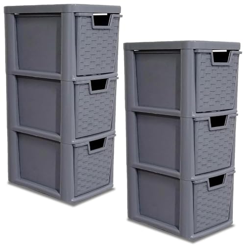 Image of SIDSONS - Set of 2 Medium Rattan Effect Drawers - Stackable Modular Drawer - Plastic Storage Unit - Compact Vertical Organizer Drawers - Multipurpose Cabinet for Home & Office (Grey, 3 Tier)