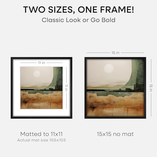 Image of Homeforia 15x15 Black Wood Frame, High End Oak 15 x 15 Square Picture Frames with Mat 11 by 11 inches Photo, 15by15 Black Wooden Poster Frames Matted to 11x11 Print, Tempered Glass, Wall Kit, Set of 1