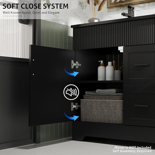 Image of eclife 48 inch Bathroom Vanities Sink Combo with Painted Surface, Modern Drawered Cabinet W /Decorative Wave Lines, Undermount Double Black Sink, Matte Black Faucet Drain, Black