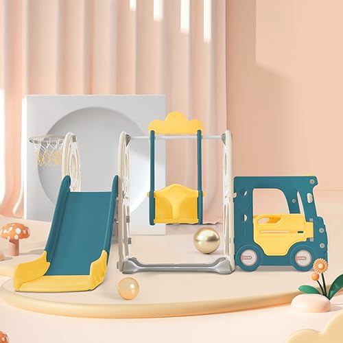 Tobogán infantil 5 en 1, con cesta de baloncesto, columpio, simulación de coche, tobogán y escalera, zona de juegos interior y exterior, tobogán interior infantil (verde oscuro)