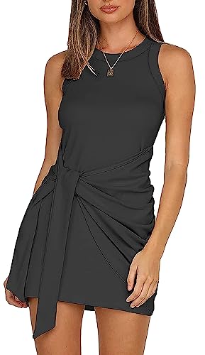 LIYOHON Women's Summer Casual Beach Dress Sleeveless Ruched Tie Tank Bodycon Wrap Mini Dresses