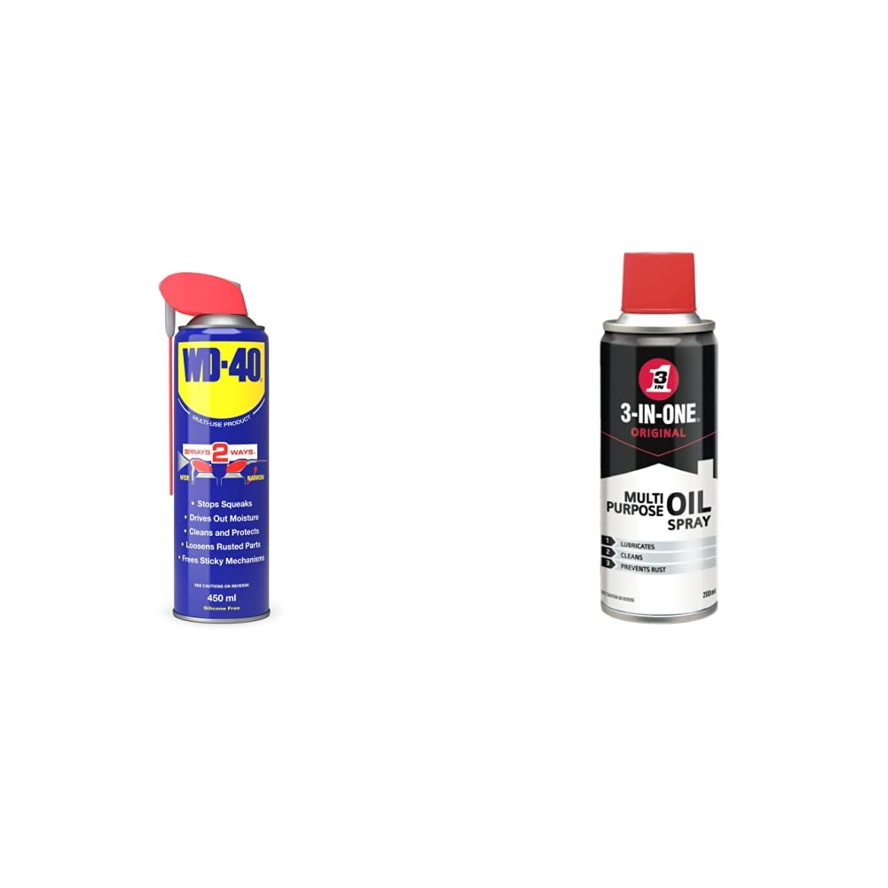 WD-40 Multi-Use Product Smart Straw 450ml & 3-IN-ONE- 200ml Original, trusted formula in a handy spray can Lubricates moving parts Cleans & protects surfaces from rust or tarnish Stops squeaks