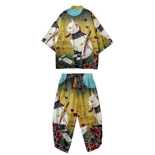 Image of DOSLAVIDA Men's Japanese Kimono Jacket Set Stylish Open Front Coat With Shorts Chinese Style Printed Cardigan Suit