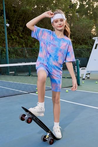 Image of Arshiner Girls Clothes Summer 2 Piece Outfits Drop Shoulder T-Shirts and Biker Shorts Kids Fashion Clothing Sets