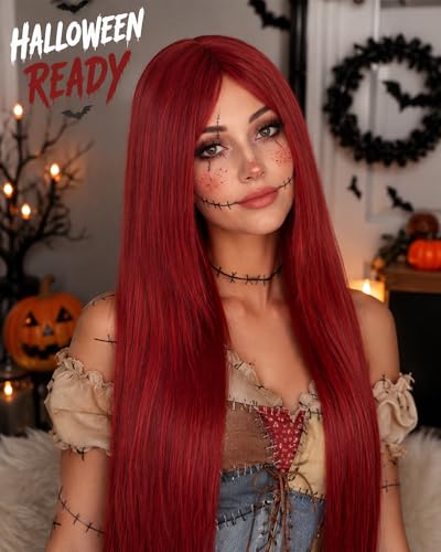 Image of Rose bud Sally Wig for Anime Costume Halloween Cosplay Party 40 Inch Long Straight Cosplay Red Wig for Women