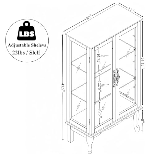 Image of 43 inch H Lighted Curio Cabinet Display Case with Light Bulb, Glass Curio Cabinet with Adjustable Shelves & Tempered Glass Door, Wooden Cabinets w /Mirrored Back Pane for Living Room(Oak)