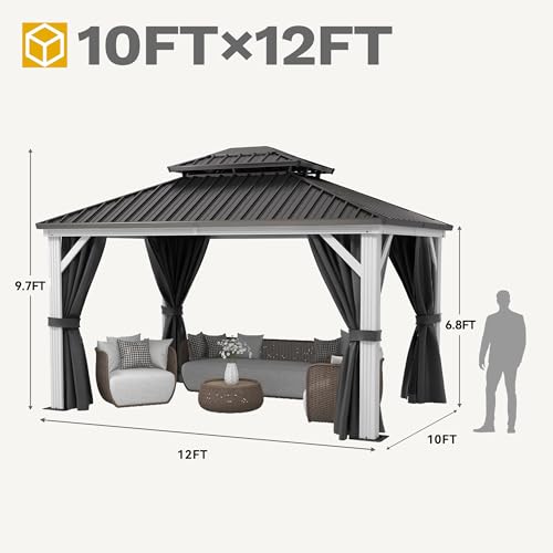 DWVO 10x12ft White Gazebo Hardtop Double Roof Canopy Outdoor Galvanized Roof Aluminum Gazebo with Netting and Curtain Garden Tent for Patio, Backyard and Deck, Grey Curtain - Image 6