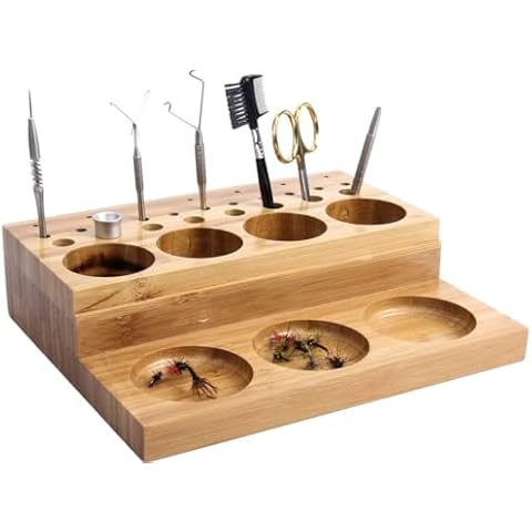 Angler Fly Tying Fishing Kit Tool Organizer - Wooden Fly Fishing Desk for 12 Fly Fishing Tools - Store Fly Tying Materials, Scissors, Bobbin, Thread Cover