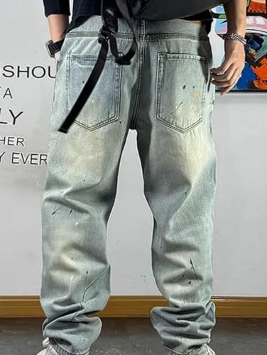 Men’S Streetwear Splash Ink Loose Denim Cargo Pants Slim Fit Full Length Button Fly Light Distressed Wash Trousers 5