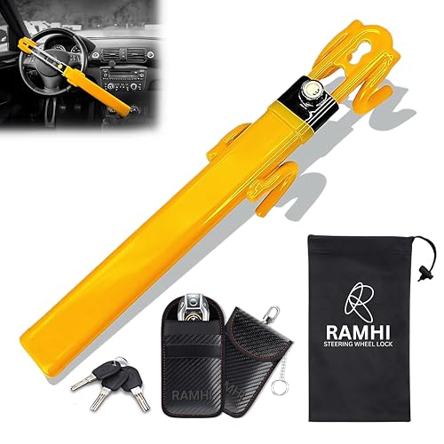 RAMHI Heavy Duty Car Steering Wheel Lock Includes 2 Keys and Car Key Signal Blocker Pouch |Steering Lock | Anti Theft Bar - Universal Fit with 2 Designs Yellow/Black (Yellow)