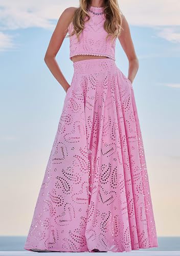 ebossy Women's Hollow Out Floral Pleated Skirts Back Elastic High Waist Swing A Line Eyelets Maxi Long Skirt2