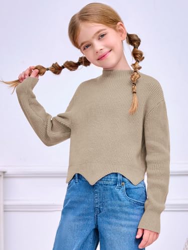 Image of Haloumoning Girls Mock Neck Sweaters Kids Fall Fashion Long Batwing Sleeve Rib Knit Pullover Clothes 5-14 Years