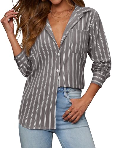 siliteelon Button Down Shirts for Women Striped Long Sleeve Shirt Collared Office Work Blouses Tops with Pocket