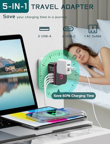 Image of Universal Travel Adapter Worldwide, TECSIX European Travel Plug Adapter with 2 USB C, 2 USB A and Multi AC Outlets, International Power Converter for EU US UK AUS 200+ Countries Type A C G I