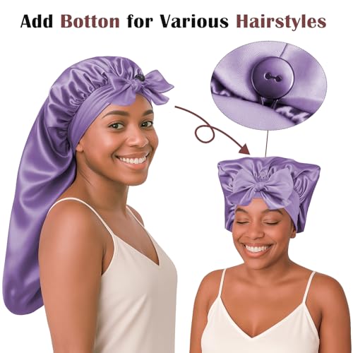 Women's Silky Bonnet - Long Tie Sleep Cap, Curly/Natural Hair, Adj. Night Hat, +10 Scrunchies, Mom/Wife — view 2