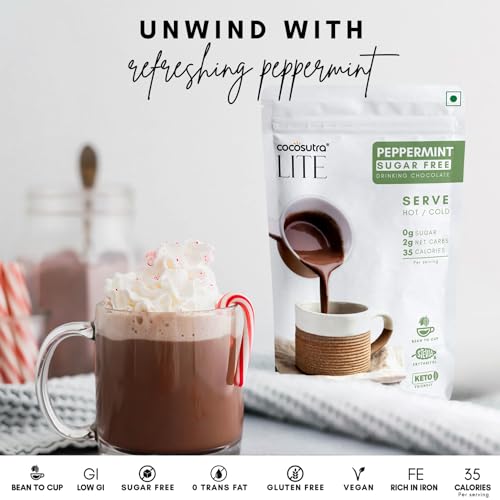 Image of COCOSUTRA SUGAR FREE Peppermint Drinking Chocolate Mix | Zero Sugar, Low Carb, Low Calorie | Stevia & Erythritol based | Keto Friendly Drink | Enjoy hot or cold | 200 g | 10 cups