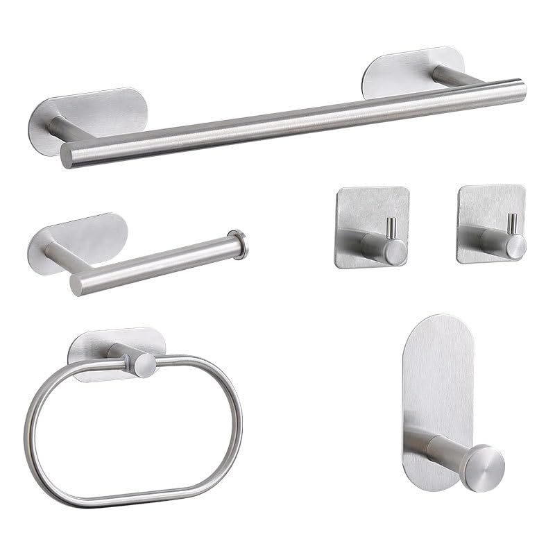 WITFAMILY 6-Piece Silver Bathroom Set - No Drill Metal Accessories Kit with Towel Rail, Toilet Roll Holder, Towel Ring, Wall Hook & 2 Hooks (Sliver)