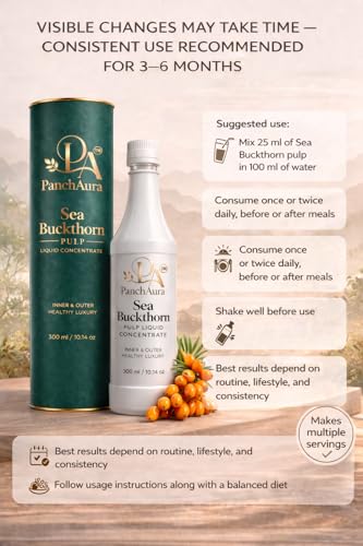 Image of PanchAura Himalayan Sea Buckthorn Pulp 300 ML | Cold Pressed from Ladakh Berries | Natural Vitamin C, Omega 3-6-7-9 & Antioxidants | Supports Immunity, Skin Glow & Gut Health