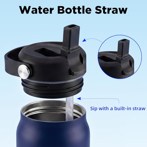 Image of 32 oz Insulated Water Bottle with Straw, Leakproof Stainless Steel Bottle with Handle, Non-Slip Silicone Sleeve, Internal Markings, Dishwasher Safe for Travel, Gym, Sports, Dark Blue