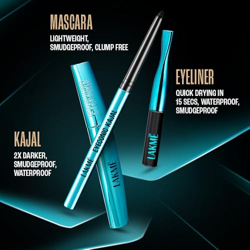 Image of LAKME Eyeconic Regime Kit, Kajal 0.35g, Eyeliner 4.5 ml, Mascara 9 ml, Pack of 3, with Intense Black Pigment, Smudgeproof and Waterproof, Lasts Upto 24 Hrs