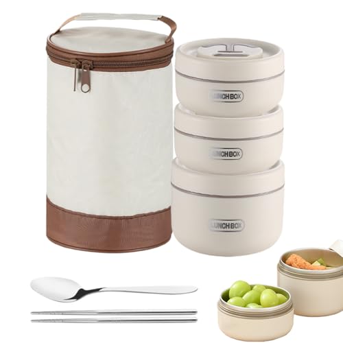 WRQIOO 3 Stück Thermo Lunchbox, Essen Warmhalten Behälter mit Tasche und Besteck, Stapelbarer Thermobehälter für Essen Mikrowellengeeignet für Zuhause,Büro,Picknick(2 * 450ML&1 * 650ML)