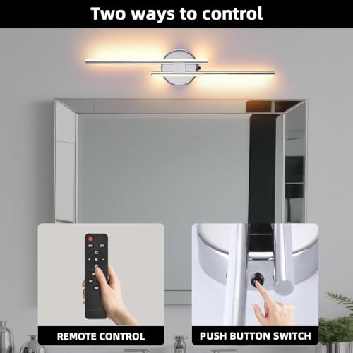Image of Rechargeable Battery Operated Wall Sconce Set Of Two, Chrome Wireless LED Wall Sconces With Remote Control, Dimmable 3 Colors Cordless wall lights for Living Room, bedroom, Hallway, 23.6 Inch ( 2pcs)