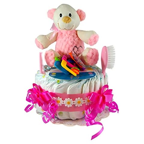 Nappy Cake for Girls - Newborn Baby - Plush - Comb and Brush - Teether Cover