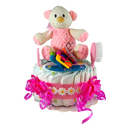 Tarta De Pañales Para Niña - Bebe Recién Nacido - Peluche - Peine y Cepillo - Mordedor
