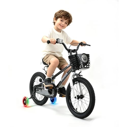 Image of WinHope 12-18 Inch Kids Bike with Light up Training Wheels for Boys Girls | Dual Brake Bicycle with Basket Adjustable Seat Water Bottle for Summer Riding Birthday Gift for Toddler 2-9 Years