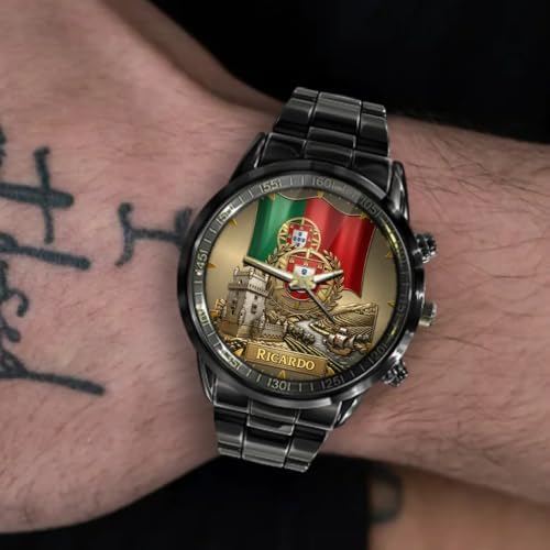 V VIENDSTORE Personalized Portugal Heritage Watch – Custom Name with Flag and Crest, Custom Portuguese Flag & Coat of Arms Wristwatch, Portuguese Pride Men's Watch for Patriotics — view 4