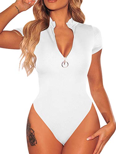 BEAGIMEG Women's Sexy Zipper Front Bodysuit Tops Short Sleeve Jumpsuit Leotard White