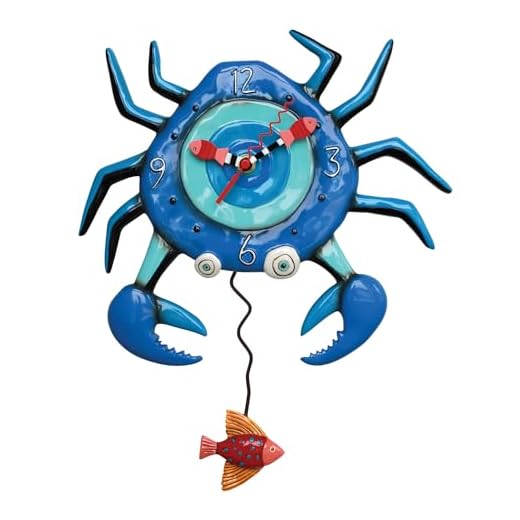 Allen Designs Enesco Crab with Big Claws and Fish Sculpted Pendulum Wall Clock, 14.25 Inch, Blue