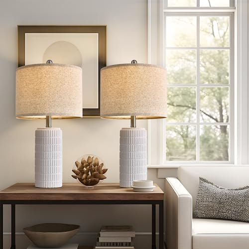 Image of PoKat 23 inch Table Lamp, Farmhouse Bedside Lamps for Bedroom Set of 2, Ceramic End Table Lamps for Living Room, Traditional Nightstand Desk Lamps, Frosted White Lamps, Medium