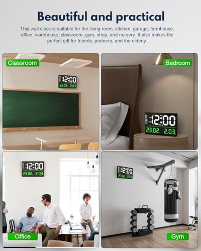 Image of Digital Wall Clock - Large Green LED Display, Dual Alarms, Auto Brightness, Date, Day & Temperature, Remote Control, Plastic Square Design for Home, Office & Bedroom