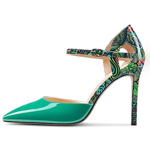 Saekcted Womens Stiletto High Heel Pointed Toe Pumps Ankle Strap Patchwork Party Cute Patent Leather 3.9 Inches Heels2