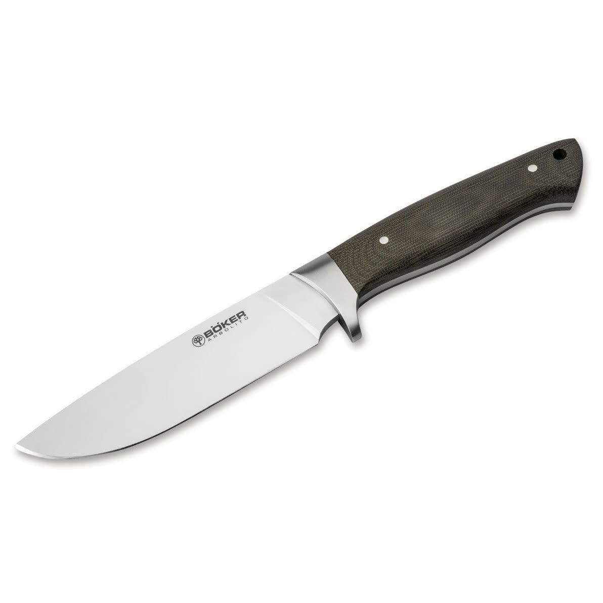 ARBOLITO BÖKER Hunter Micarta - Jagdmesser mit feststehender Klinge 12 cm - Profi Outdoor-Messer mit Lederscheide schwarz - Fulltang Messer mit Micarta Griff grün - Survival-Messer in Geschenk-Box